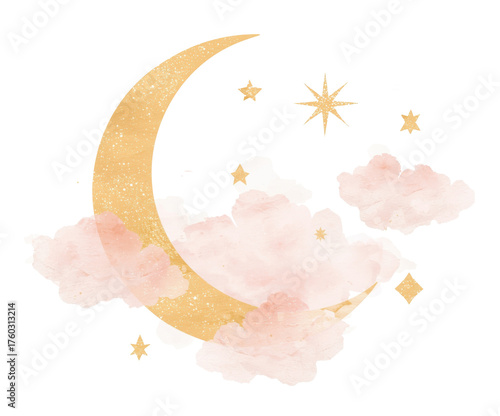 Dreamy watercolor celestial night scene featuring a crescent moon and stars with fluffy clouds