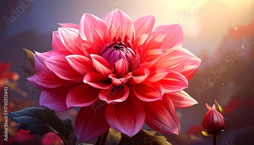 A vibrant, detailed close-up showcases a blooming, layered flower in shades of pink and red, illuminated by a warm, golden light