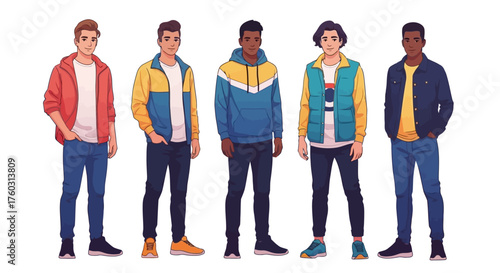 Diverse Group of Young Men in Casual Fashion Vector Art