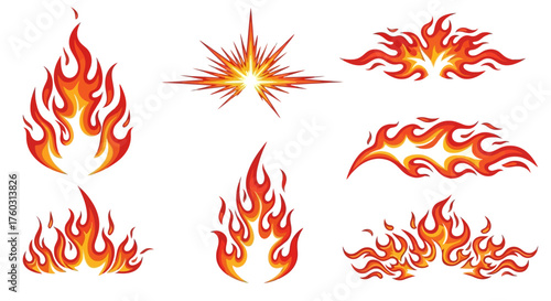 Set of hot fire flames and icon collection. Cartoon style bonfire, inferno and explosion elements for danger and power concepts