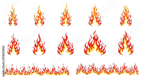 Collection of Fiery Flames and Burning Embers on a White Background