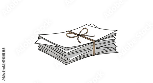 Sketch style illustration of a bundle of documents tied with a string. A symbol for paperwork, office administration, and data management tasks