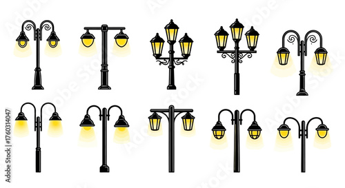 A collection of various vintage and modern street lamps with glowing lights. A set of black isolated urban lampposts for city and park decoration