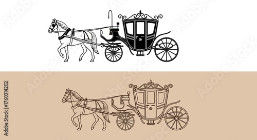 Elegantly Drawn Horse-Drawn Carriage, A Classic Mode of Transportation, Black and White Illustration with Sepia Background