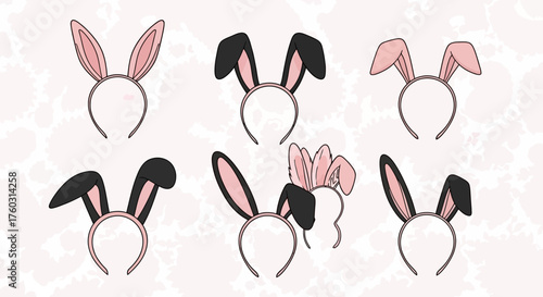 A set of six different playful rabbit ear headbands, a fun costume accessory illustration for Easter parties or dress-up celebrations