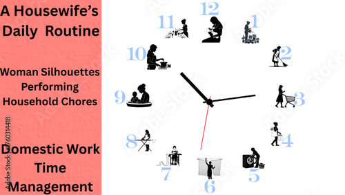 Housewife Daily Routine Clock with Woman Silhouettes Performing Chores: Domestic Work & Time Management Concept