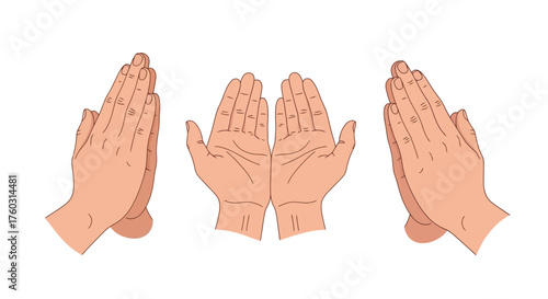 Illustrative vector artwork showcasing a collection of hand gestures for prayer, meditation, gratitude, and spiritual devotion, symbolizing hope and contemplation