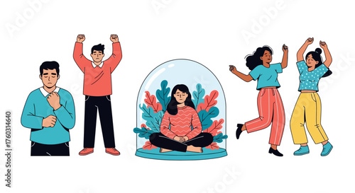 Vector illustration set depicting various emotional states from anxiety and sadness to joy and mindful solitude