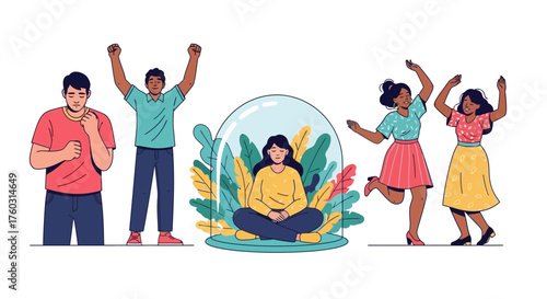 Diverse depictions of individuals expressing feelings, encompassing joy, tranquility, and inner peace
