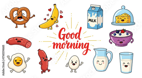 A delightful set of cute cartoon breakfast food characters with smiling kawaii faces, perfect for a cheerful morning greeting