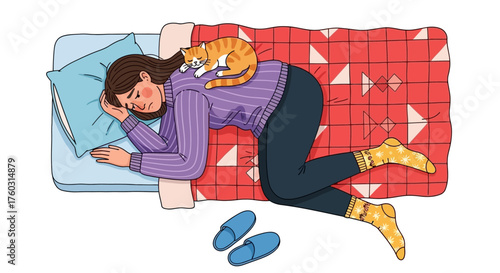 Cozy scene of a woman sleeping peacefully in bed with her cat curled up on her back for warmth and comfort