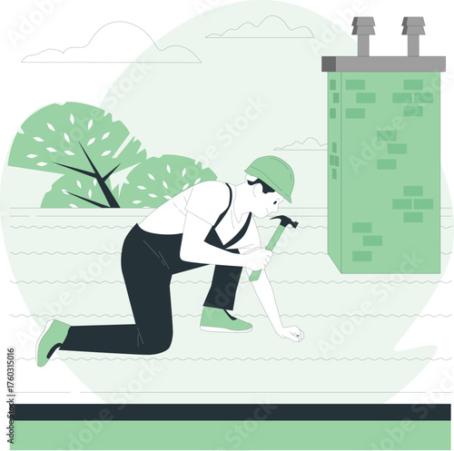 Roofer wearing hard hat and overalls working on a roof with a hammer construction worker