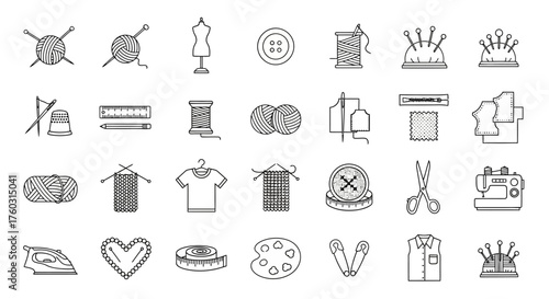 Set of sewing and crafting icons knitting, tailoring, embroidery, fabric, needle, thread, scissors, iron, thimble, measuring tape, buttons, sewing machine and more