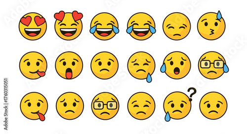 Collection of Various Emoji Faces Expressing Different Emotions, Including Joy, Sadness, and Love