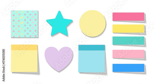 Set of cute pastel sticky notes and memo paper shapes including squares, rectangles, stars, hearts, and circles with soft shadows