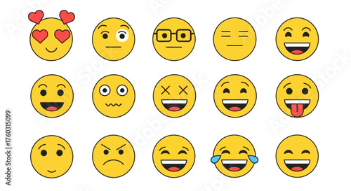 A diverse set of 15 yellow emoji illustrations portraying various emotions and facial expressions, ideal for digital messaging, social media, and graphic design