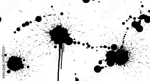 Dynamic black ink splatters and dripping paint effects creating an edgy, abstract grunge texture on a pristine white background, perfect for artistic and graphic design projects
