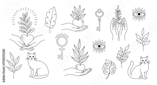 A serene collection of minimalist line art icons, embodying symbols of growth, nature, and esoteric wisdom, perfect for design themes inspired by a spiritual journey of self-discovery