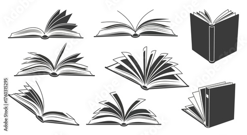 Versatile collection of stylized monochrome book illustrations, showcasing open pages and closed covers, symbolizing knowledge, learning, and storytelling in graphic design