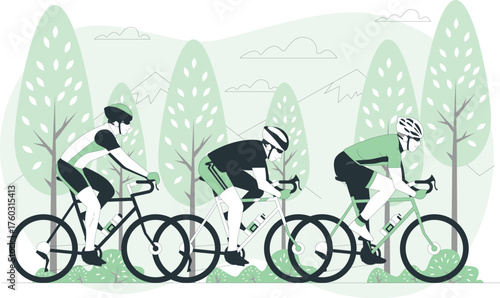 Three cyclists racing on a road with trees and mountains in the background cycling bicycle race