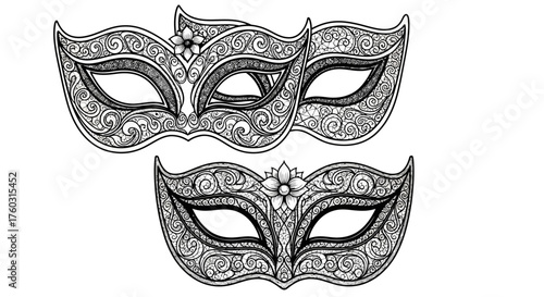 Ornate monochrome drawing of mysterious Venetian masks with detailed filigree for a festive celebration
