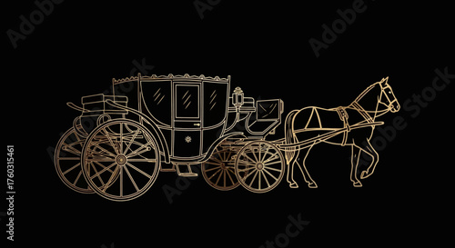 Elegant golden line art of a vintage horse-drawn carriage on a black background, symbolizing luxury and classic transportation