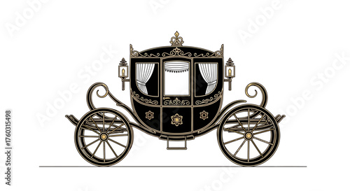 Elaborate black and gold vintage horse-drawn carriage illustration, exuding historical elegance and fairytale charm, perfect for luxury transport concepts and classic design projects