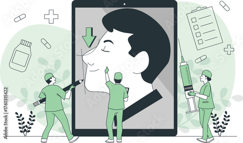 Plastic surgery consultation with doctors examining digital facial profile cosmetic surgery facial surgery