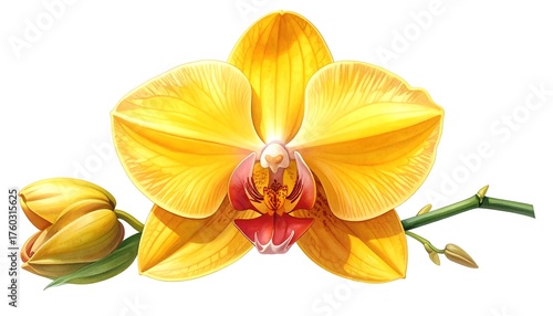 A vibrant, detailed illustration of a golden orchid blossom and buds against a pure white backdrop, highlighting its sunny hues