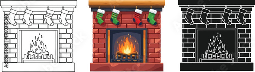 Three fireplace illustrations in line art, colored, and silhouette styles