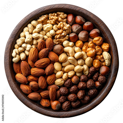 Assorted nuts in a bowl overhead view