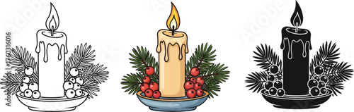Three illustrated candles with pine branches and berries