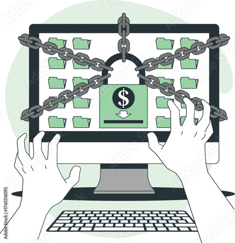 Computer Screen Locked with Chains and a Dollar Sign Padlock Symbolizing Data Security Keywords: computer, screen, locked, chains, padlock, dollar sign, security, data, protection, privacy, access