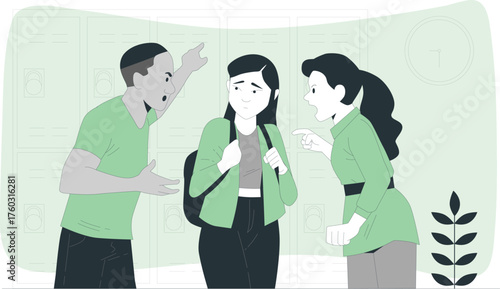 Three Teenagers Arguing in a School Hallway with Lockers in the Background Keywords: teenagers, argument, conflict, bullying, school, hallway, lockers, confrontation, disagreement, dispute, social
