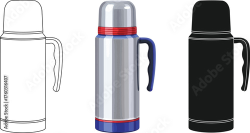 Set of three thermos bottles in different colors