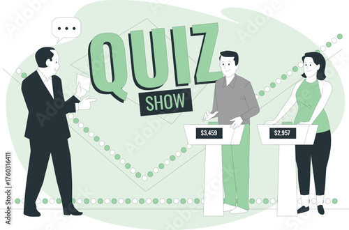 Quiz Show Competition with Host and Contestants Displaying Scores Keywords: quiz show, game show, competition, contestants, host, television, entertainment, trivia, challenge, question, answer