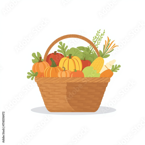 Basket of Autumn Harvest with Pumpkins and Vegetables on White Background