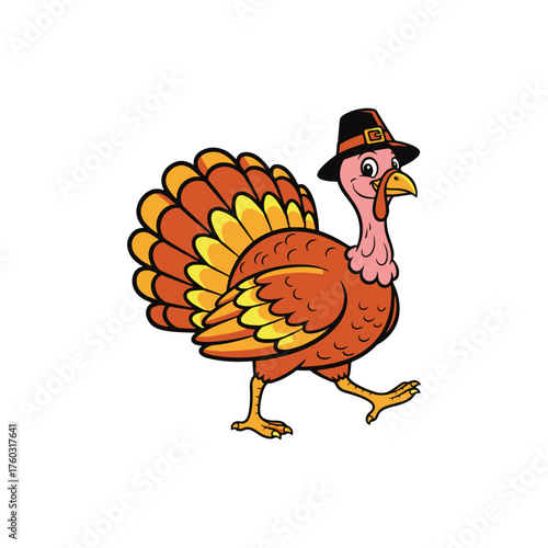 Cute Happy Turkey Parade Illustration with Bright Feathers and Pilgrim Hat