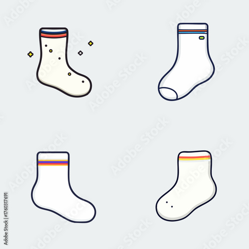 Collection of Four Cartoon-Style Socks with Colorful Stripes and Sparkle Accents on a Light Gray Background