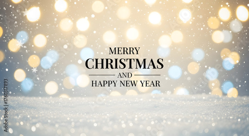 Merry Christmas and happy new year, Christmas stars lights with falling snow, snowflakes, Winter and new year holidays.