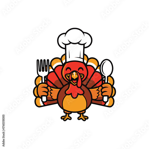 Cute Turkey Chef Holding Spoon and Fork Thanksgiving Illustration