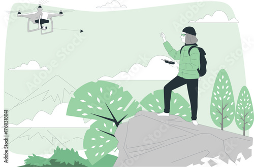 Woman with backpack and drone controller on a mountain peak observing landscape Keywords: woman, backpack, drone, controller, mountain, peak, landscape, nature, outdoors, exploration, adventure