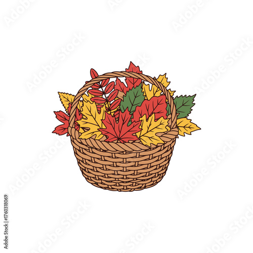 Autumn Leaf Basket Illustration with Bright Fall Colors Thanksgiving Theme