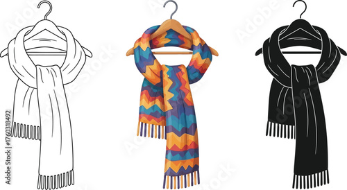 Set of three stylish scarves on hangers