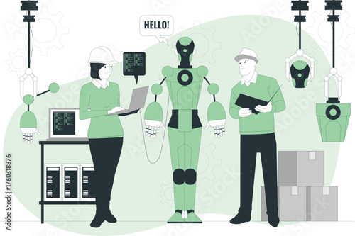 Robot and engineers working together in a factory with robotic arms and computers Keywords: robot, android, engineer, technician, factory, industrial, automation, technology, robotics, machinery