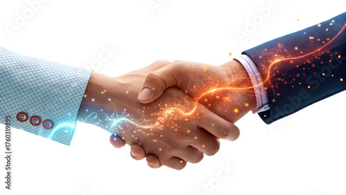 Energetic particle handshake with vibrant energy swirls in clean modern 3D render