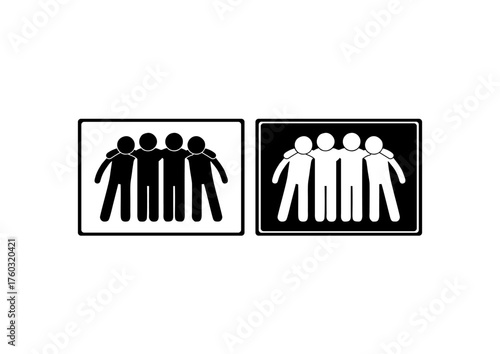 Minimalist icon showing a group of five people standing side by side, symbolizing unity, teamwork, and community in black and white design.
