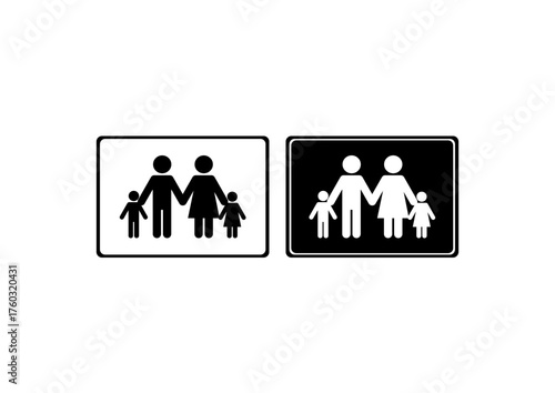 Simple black and white icon showing two adults and two children holding hands, representing family unity, love, and togetherness.