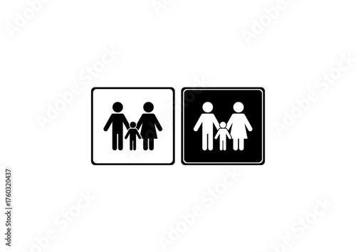 Minimalist black and white icon showing two adults and one child holding hands, symbolizing family, care, and togetherness.