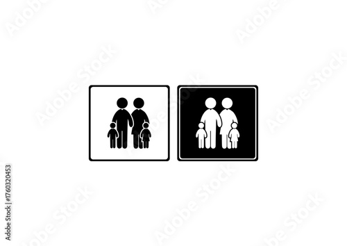 Simple black and white icon depicting a family with two adults and two children standing together, symbolizing unity, care, and togetherness.